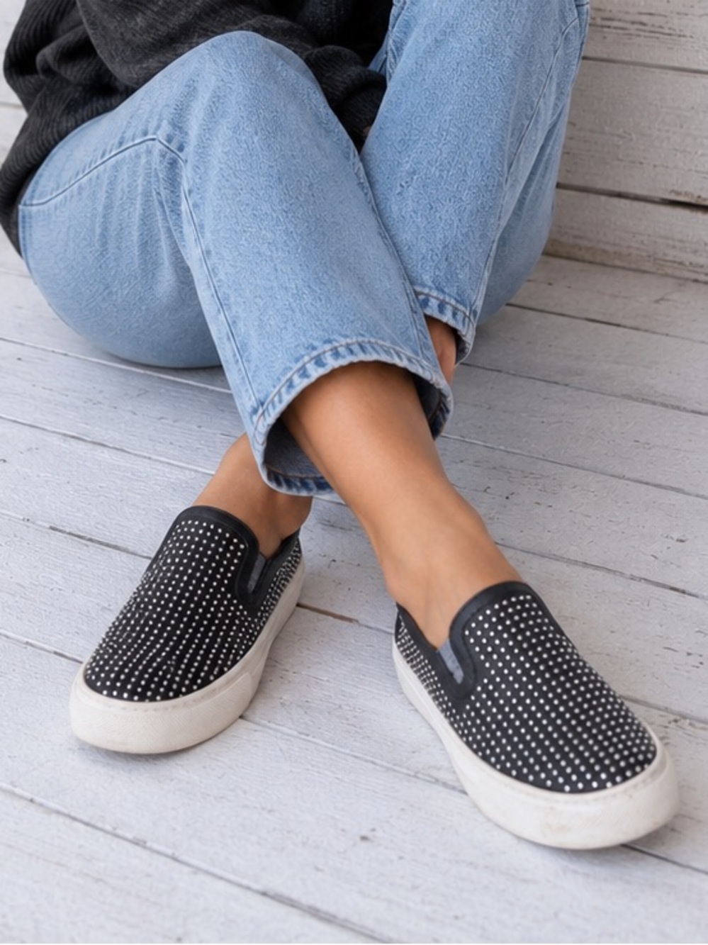 Rachel Zoe Black Slip-On Sneakers with White Platform and Silver Stud Detailing